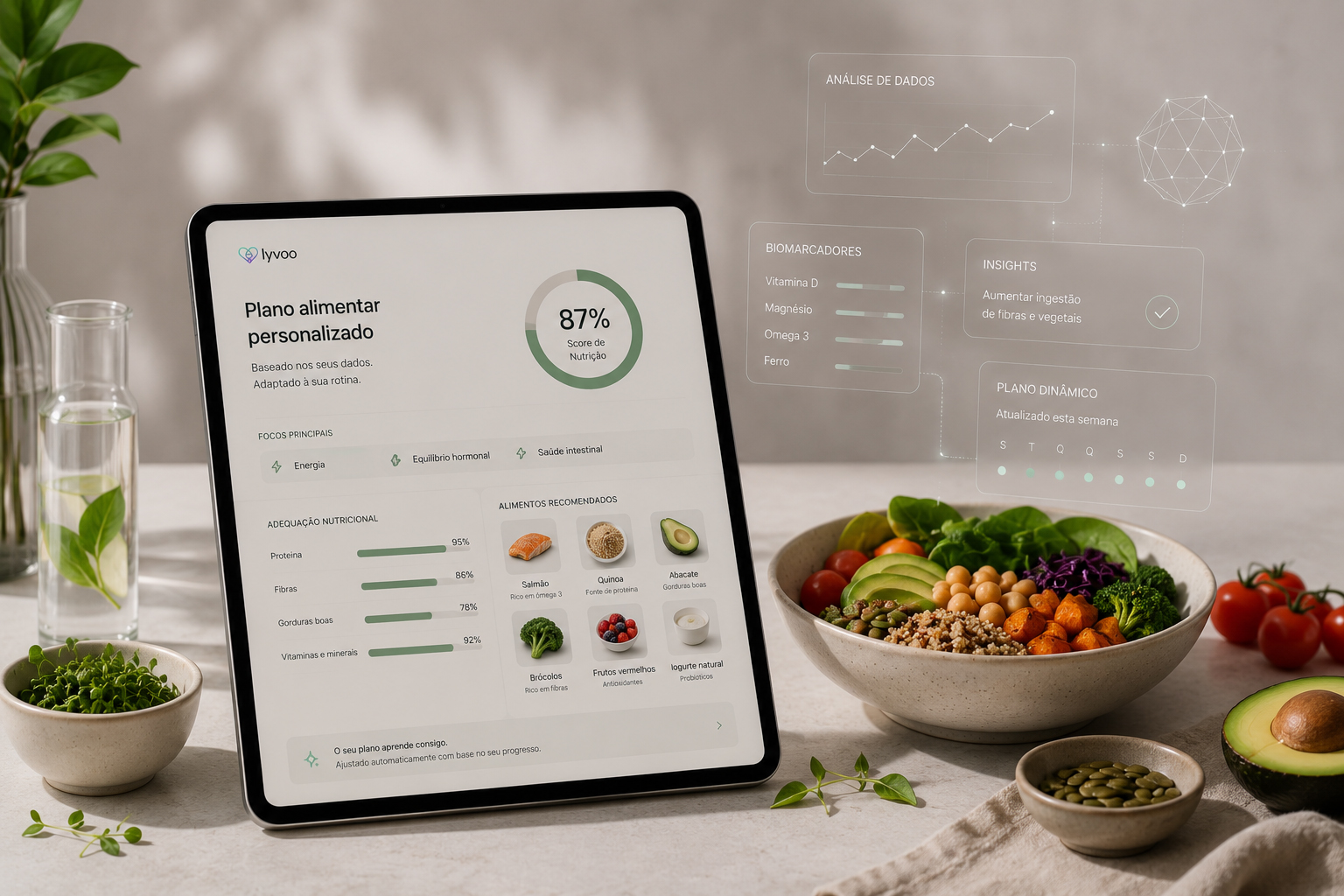 Plano alimentar personalizado Lyvoo - tablet com dados nutricionais e alimentos saudáveis