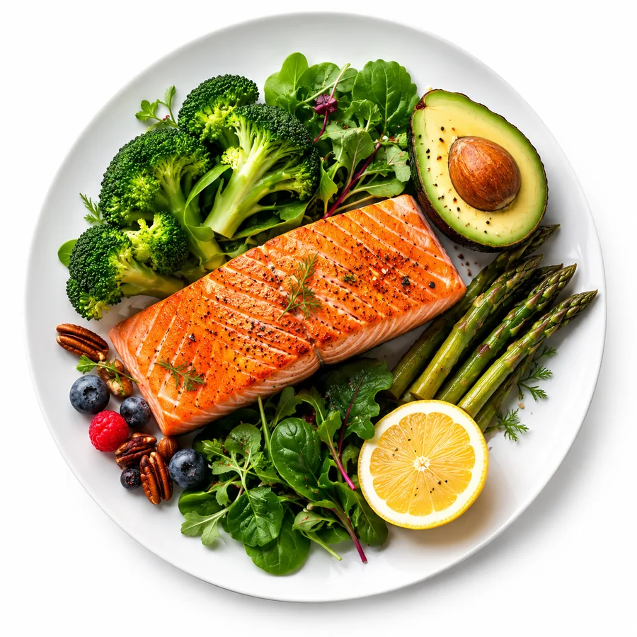 Refeição equilibrada com salmão, brócolos, abacate, espargos e frutos vermelhos